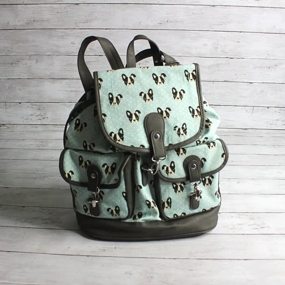 Candie's Women's Canvas Backpack Bucket Handbag Boston Terrier Dogs